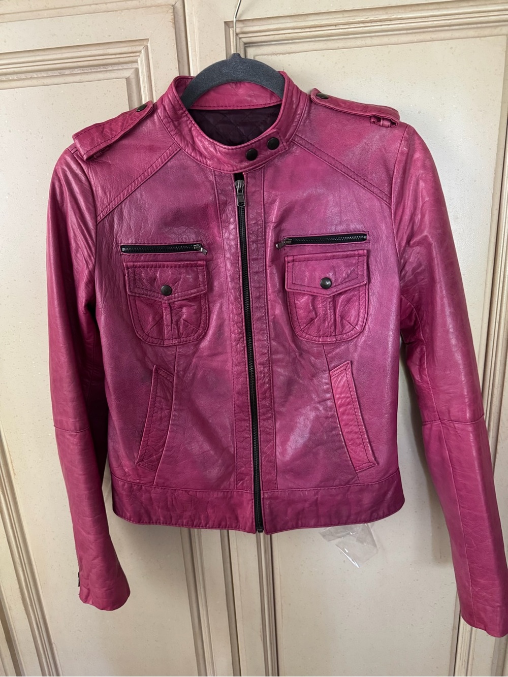 Women's Fuchsia Leather Moto Jacket